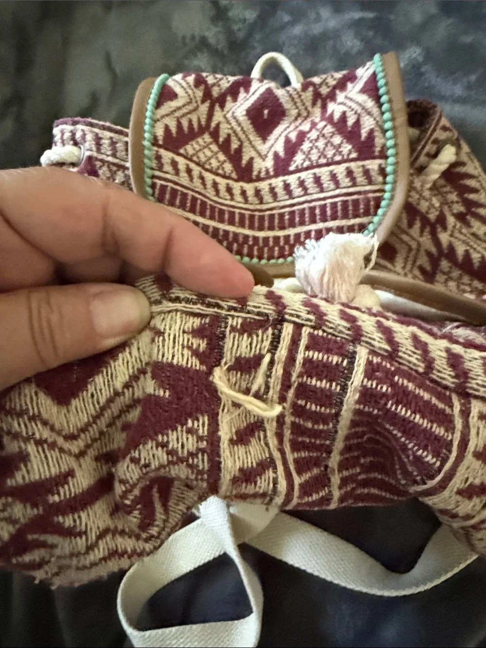 EARTHBOUND Burgundy and Cream Aztec Drawstring Backpack with Teal Trim